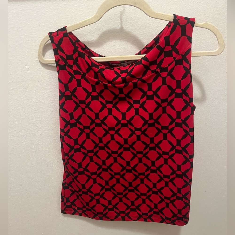 Vintage 90s Dress Barn Red & Black Patterned Boat Neck Tank Top